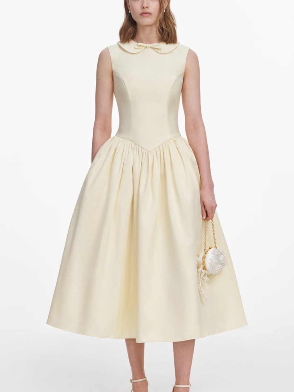 NWOT Self-Portrait Yellow Taffeta Collared Midi Dress, Size US 0/2/4/6/8/10/12